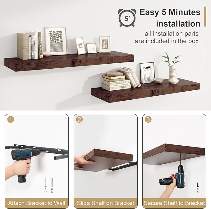 12" Deep Rustic Brown Floating Shelves, Over Toilet Long Wall Mounted Modern - Image 8