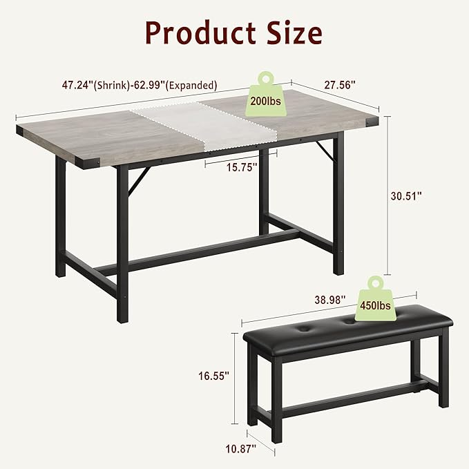 3-Piece Dining Table Set for 4-6 People, Extendable Kitchen Table Set - Image 6