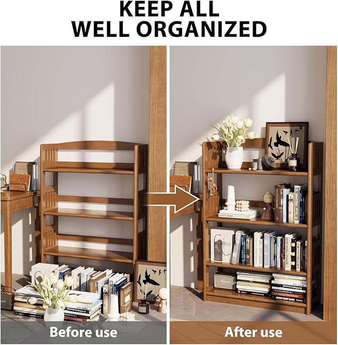 5-Tier Solid Wood Open Bookcase, Modern Display Bookshelf, Farmhouse Wide - Image 6
