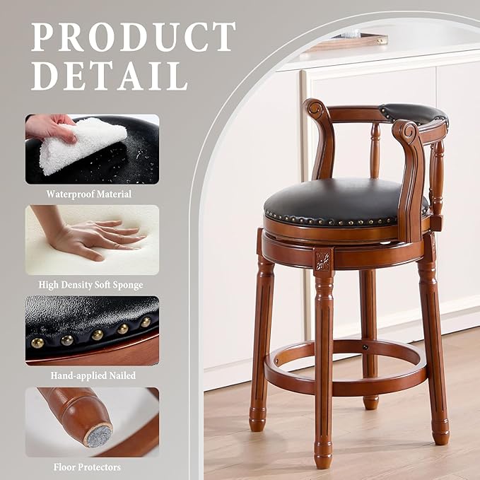 Cow top Leather Wooden Bar Stools, 360 Degree Swivel Bar Height Chair - Image 8