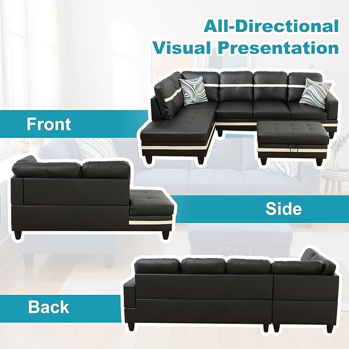 L Shaped Couch PU Leather Sectional Couch Upholstered 3 Pieces Sofas - Image 6
