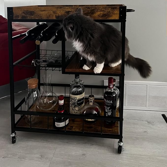 Bar Cart with Basket 3 Tiers Home Rolling Wine Rack with Wheels Mobile Kitchen - Image 6
