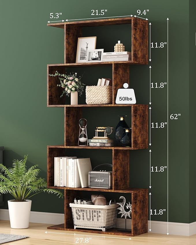 Yusong Bookshelf 5-Tier, Geometric Bookcase S Shaped Book Shelves - Image 3