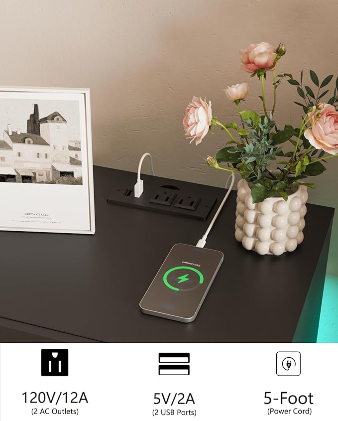 Black Nightstand with Charging Station and LED Lights, Modern Bedside Table - Image 5