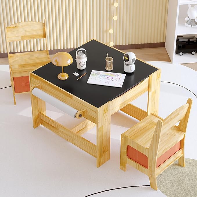 Pinewood Kids Table and Chair Set, 3 in 1 Toddlers Wooden Art Activity Table by Timechee
