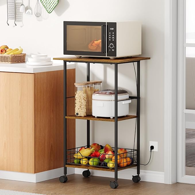 Microwave Cart with Storage, 3-Tier Rolling Kitchen Stand with Wire Basket by Hencawima