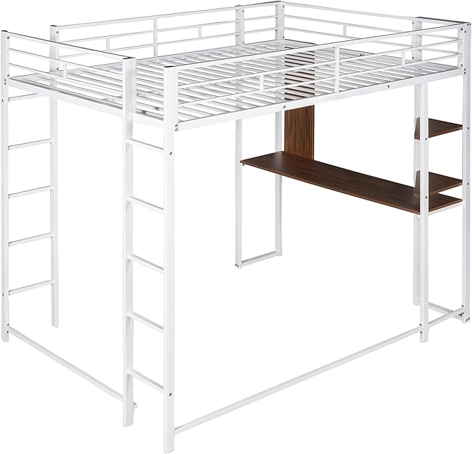 Full Size Metal Loft Bed with 2 Storage Shelves and 1 Desk, Steel Structure Bed - Image 4