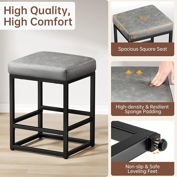 Counter Height Bar Stools Set of 2, Faux Leather Counter Stools - Image 3