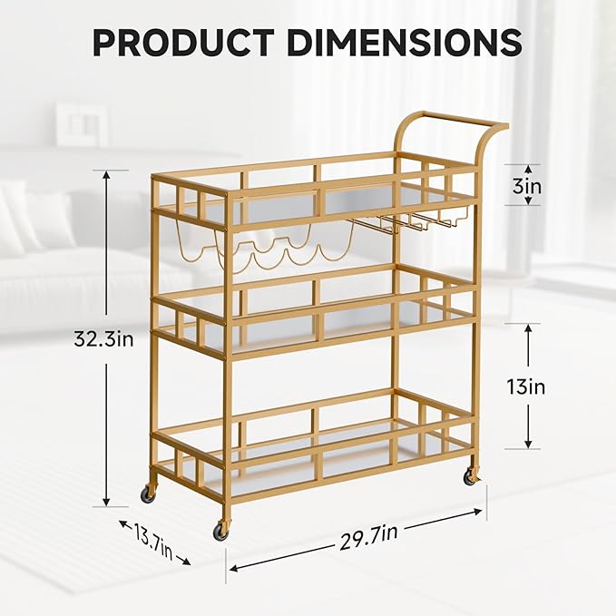 TONGMO Gold Bar Carts with 3 Tier Mirror Shelves, Home Bar Cart with Wine Rack - Image 2