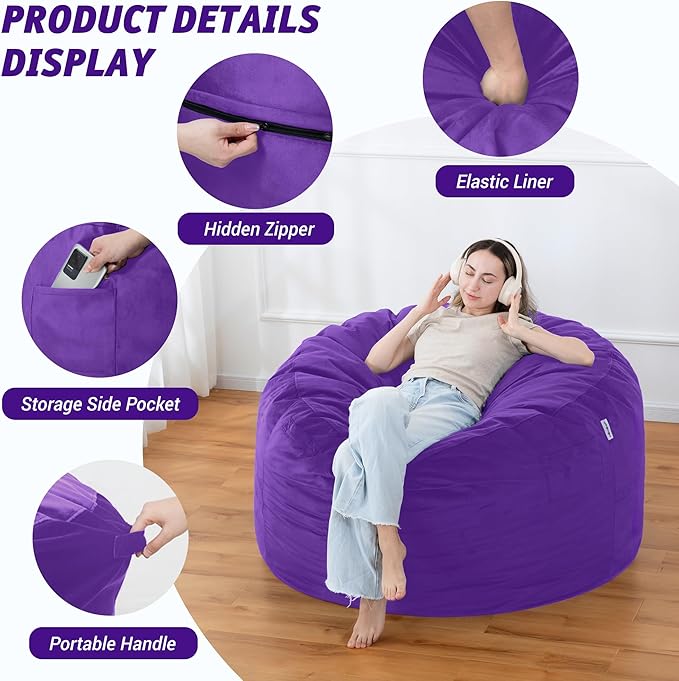 4FT Bean Bag Chair with Ultra Soft Velvet Cover Bean Bag Sofa with Memory Foam - Image 4