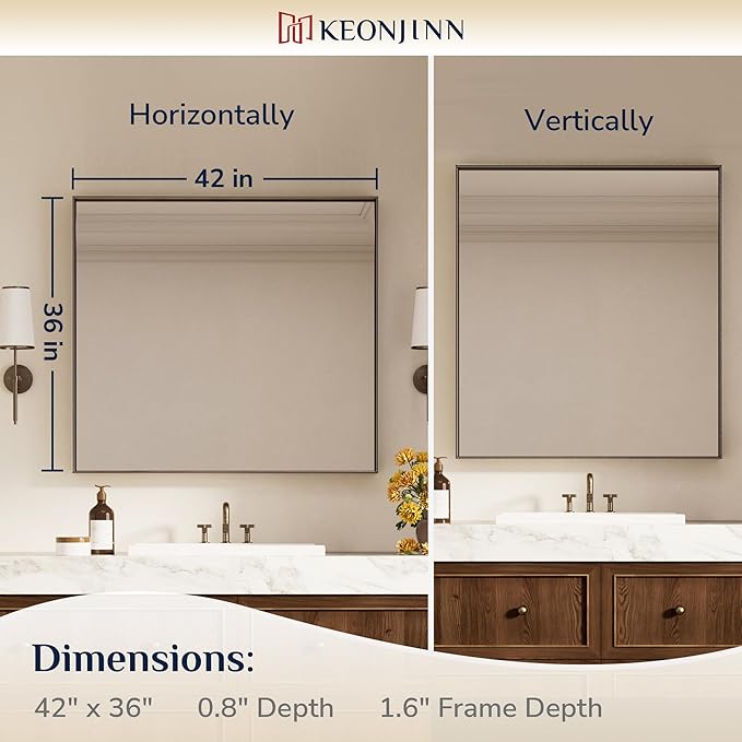 Keonjinn 42 x 36 Inch Brushed Bronze Bathroom Mirror, Rectangle Framed Vanity - Image 7