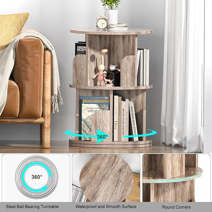 Nidouillet Small Rotating Bookshelf, 2 Tier Revolving Bookcase 360° Display - Image 3