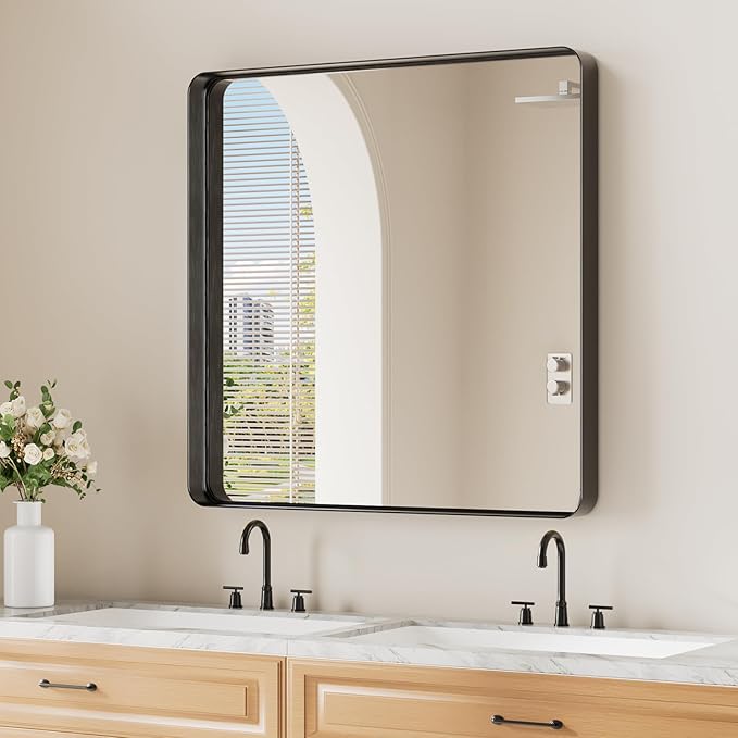 Koonmi Black Wall Mirror for Bathroom, 30x30 Inch Matte Deep Framed Rounded by KOONMI