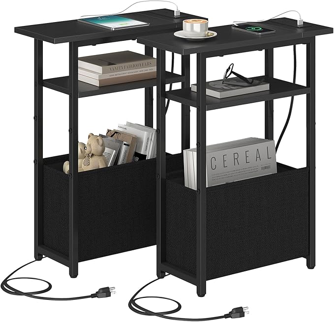 Narrow Side Table with Charging Station Set of 2, Small End Table by Unknown