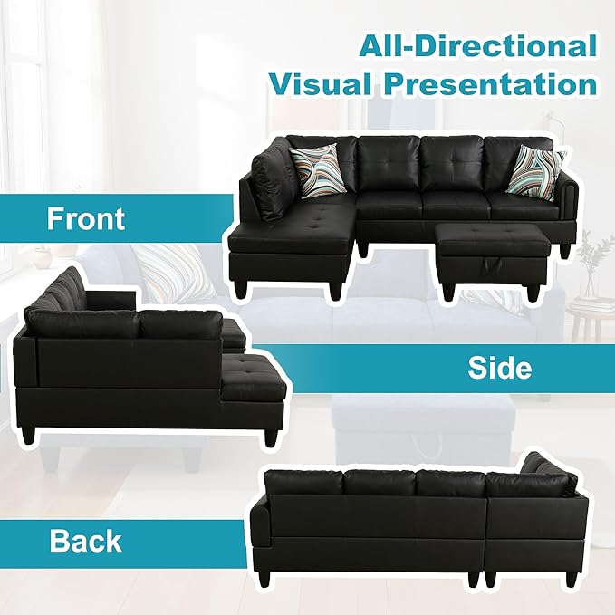 L Shaped Couch Faux Leather Sectional Couch Upholstered 3 Pieces Sofas - Image 6
