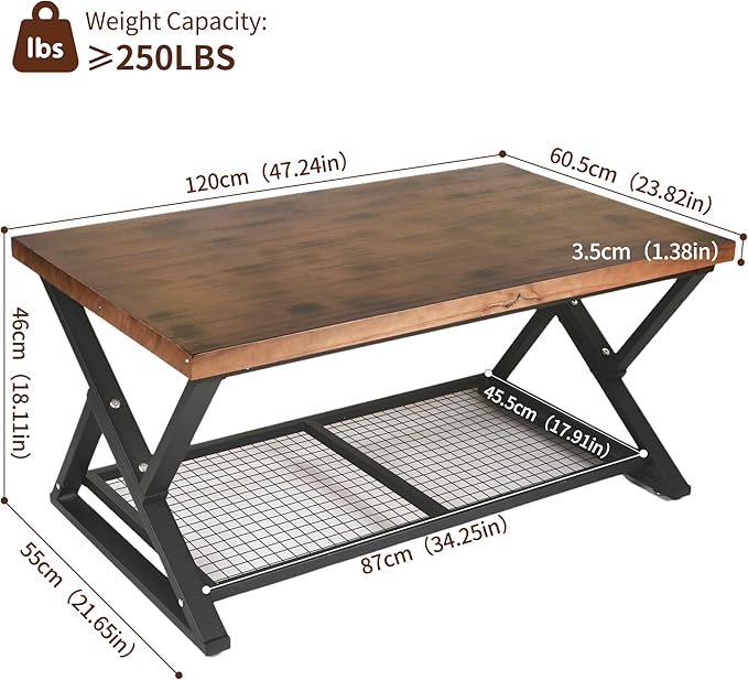 EASYSOUL Coffee Table with Storage Shelf, Solid Wood Top with Black Metal - Image 3