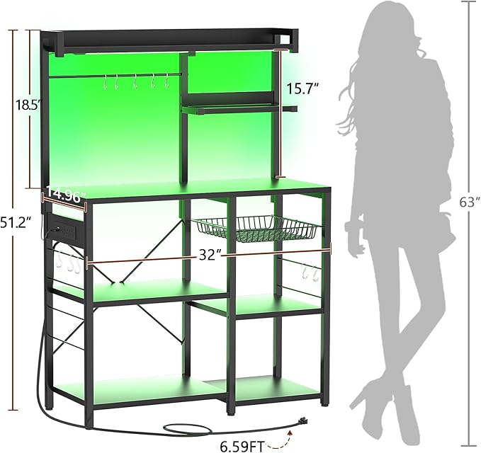 Aheaplus Bakers Rack with Power Outlet and LED Light Strings, Microwave Oven - Image 8