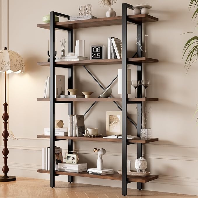Industrial Bookshelf with 5 Shelves, Solid Wood core Bookcase, Walnut Wood and by LZ-DOGNMAN
