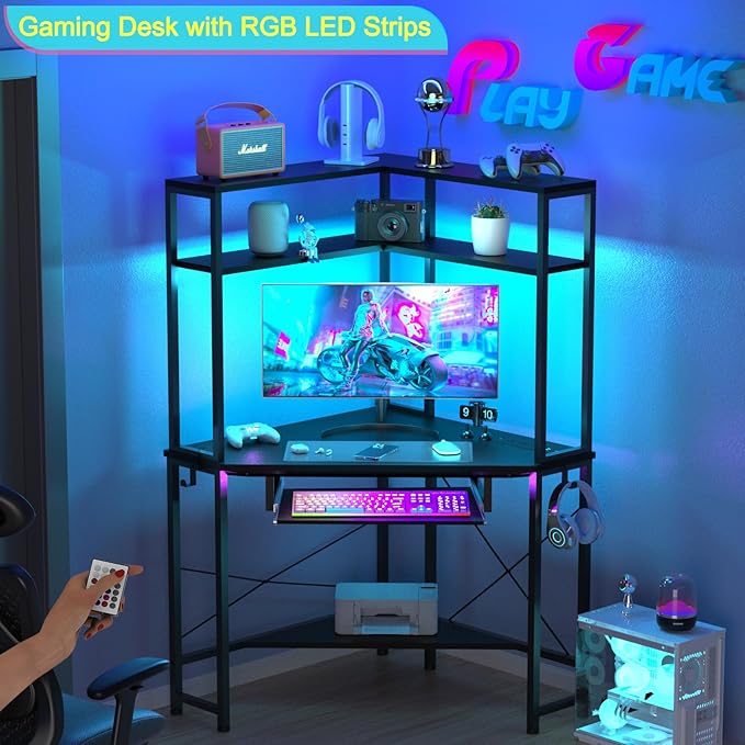 Corner Desk with Hutch and LED Lights, Corner Computer Desk with Keyboard Tray - Image 4