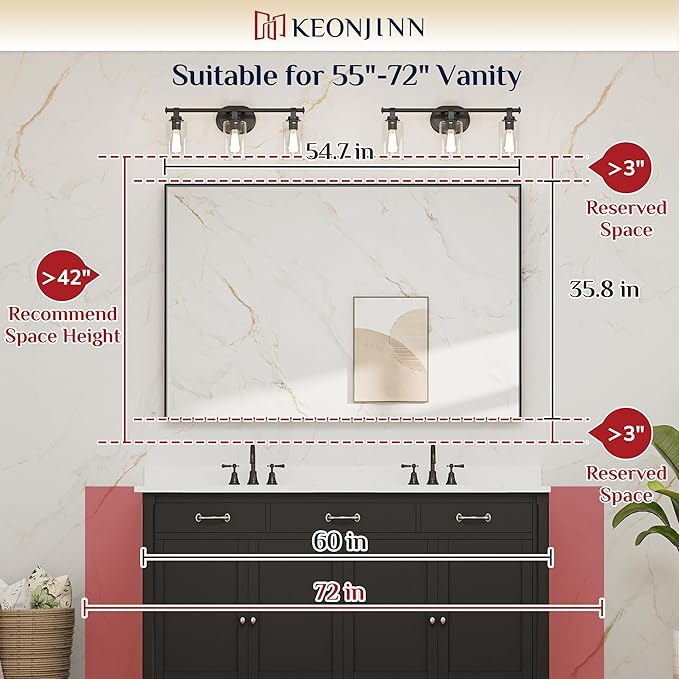 Keonjinn Black Mirror for Bathroom 55 x 36 Inch Rectangle Mirror Large Matte - Image 5