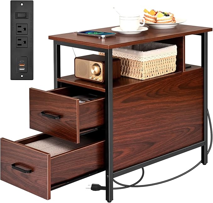 Narrow Side Tables with Charging Station, Narrow End Table with Wooden Drawers by Livofloral