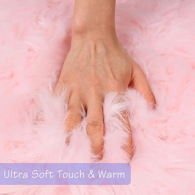duduta Pink Faux Sheepskin Runner Rugs 2x6 ft, Fluffy Shag Bedroom Rug Fur - Image 2