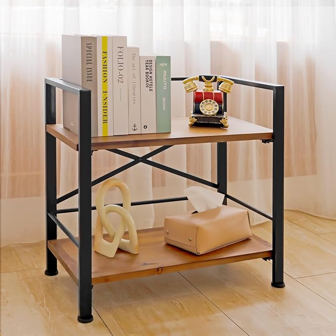 Crofy Rustic Bookshelf, 2 Tier Real Wood Bookshelf, Metal Book Shelf - Image 6