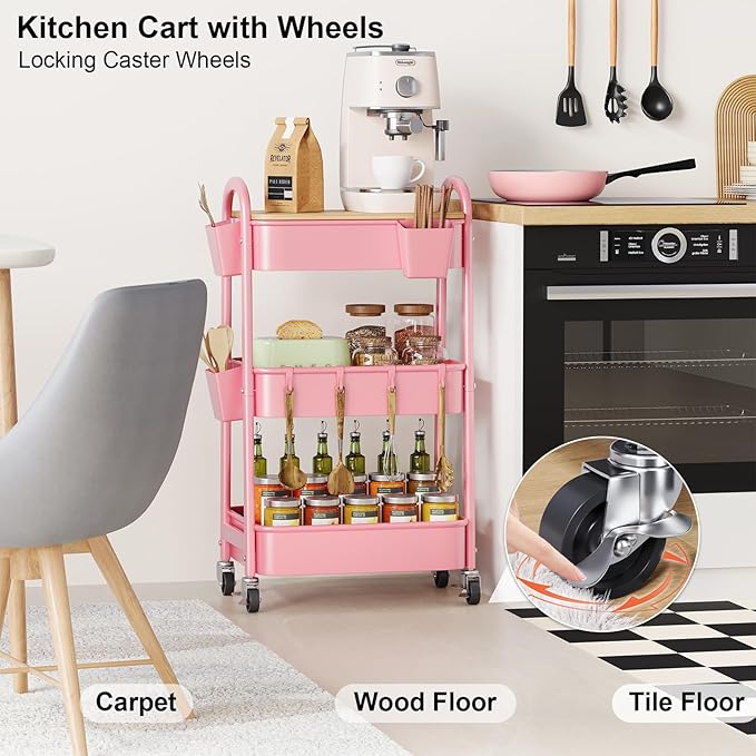 3 Tier Rolling Cart Metal with Wheels & Table Top, Three Tiered Craft Cart - Image 5
