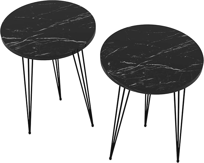 PAK HOME Set of 2 Black Marble End Tables Round Wood Sofa Side Coffee Tables - Image 10