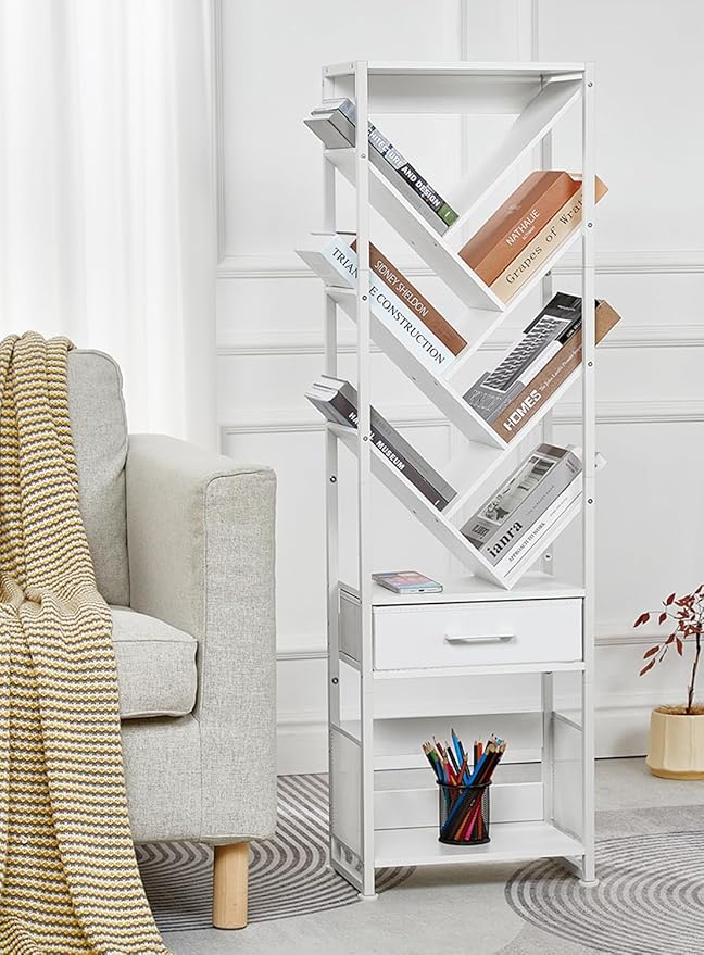 Bookshelf with Drawer, 10 Tier Tree Bookcase Retro Floor Standing Bookshelves - Image 6