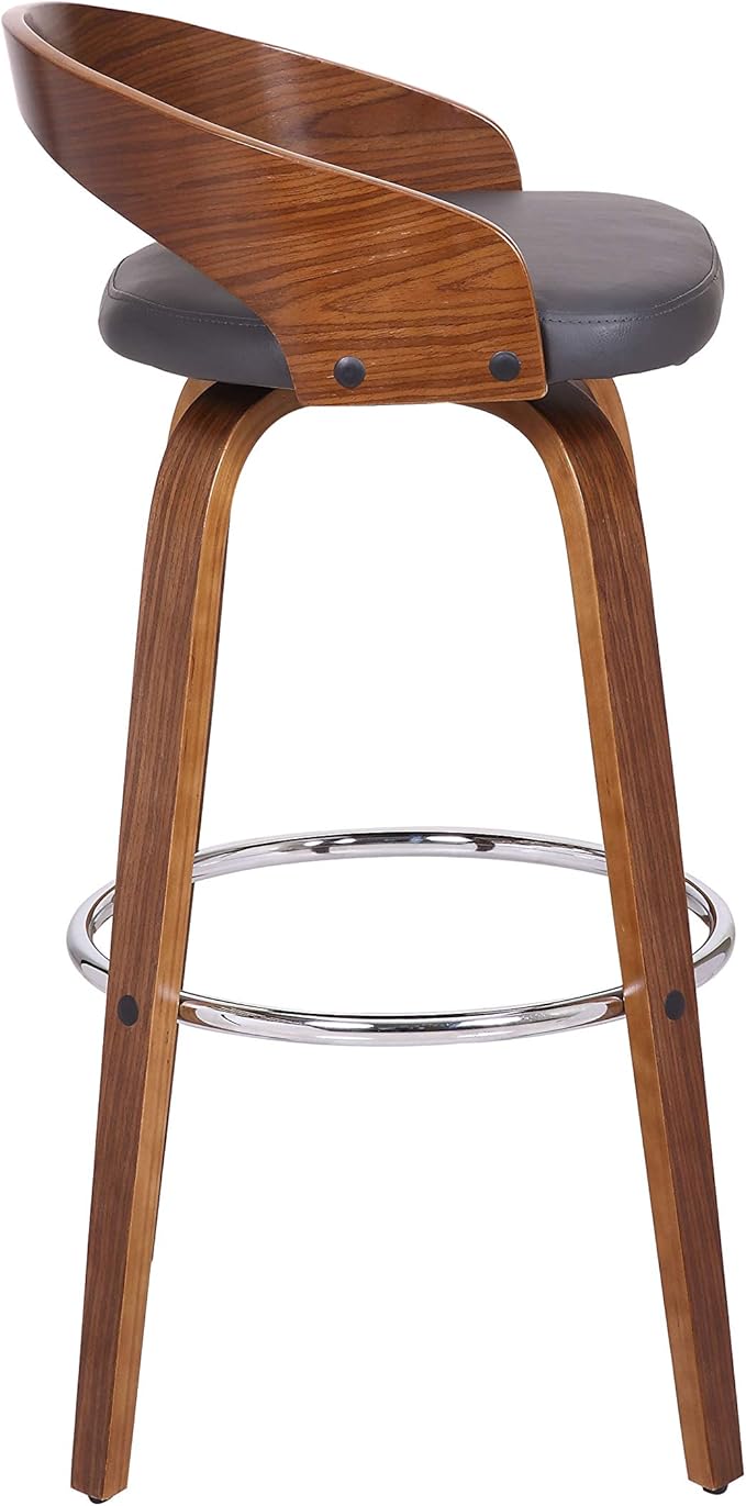 Armen Living Sonia 30" Bar Height Swivel Gray Faux Leather and Walnut Wood Bar - Image 7