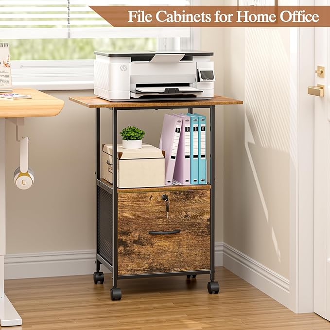 Small Filing Cabinet with Lock, Printer Stand with File Storage, Rolling - Image 6