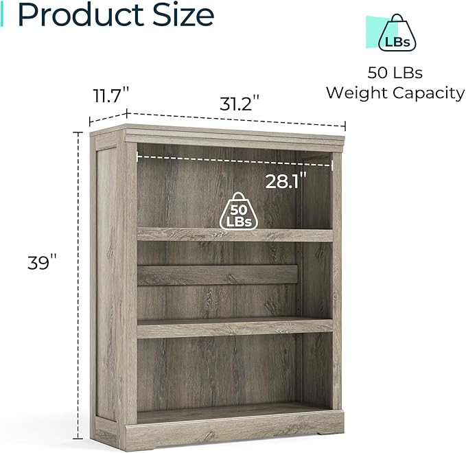 LINSY HOME 3-Tier Bookcase and Bookshelf, Small Wood Display Storage Shelves - Image 3