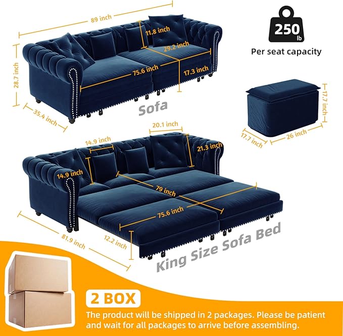 KEIKI King Size Convertible Chesterfield Sofa Bed, Tufted Design, 3-in-1 - Image 2