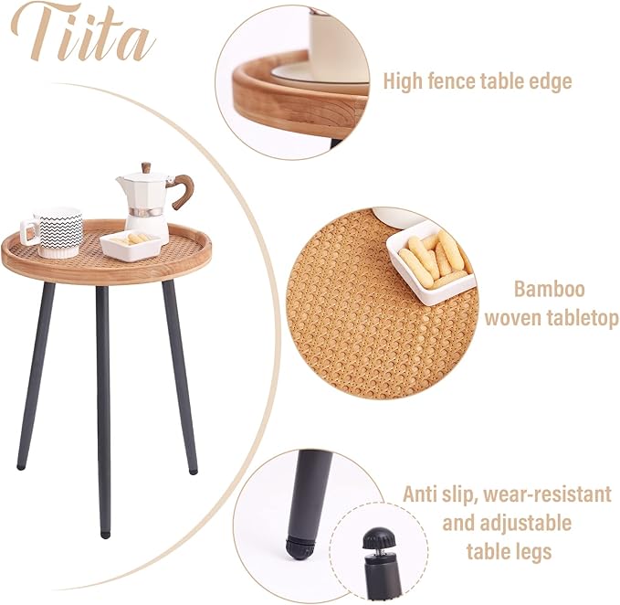 Tiita Rattan Round End Table Mental Side Table Nightstand/Small Wood Tables - Image 4
