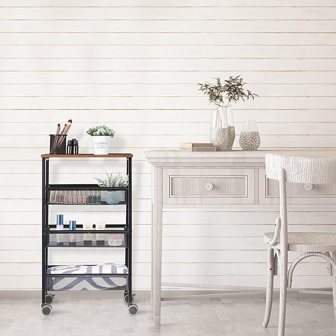 LIANTRAL Rustic Kitchen Storage Cart, 4 Tier Kitchen Cart on Wheels, Metal Mesh - Image 5