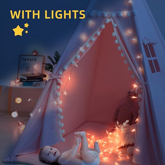 Teepee Tent for Kids with Mat, Star Lights, Carry Case, Cotton Canvas Playhouse - Image 4