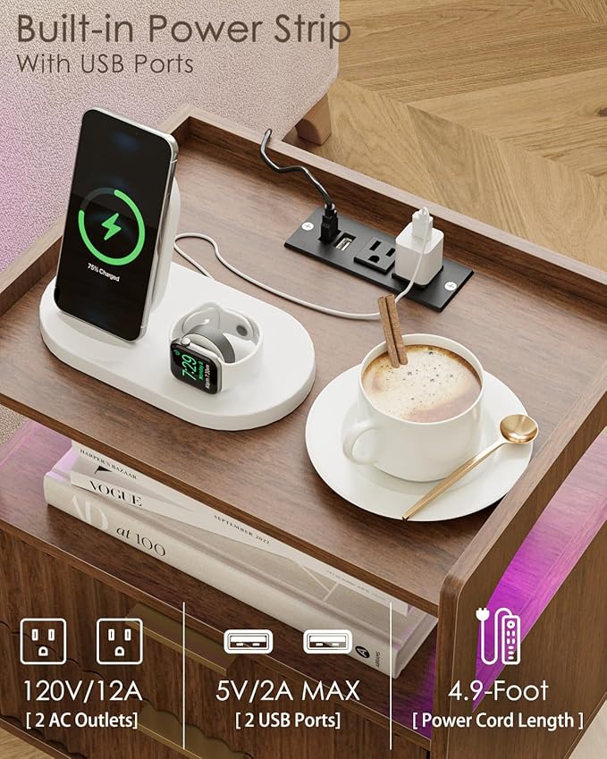 Nightstand with Charging Station and LED Lights, Modern Bedside Table with - Image 5