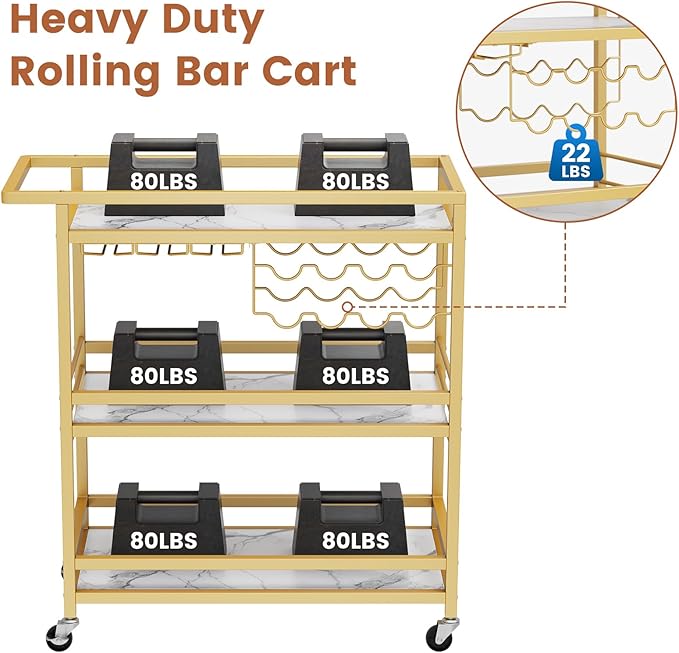 Leteuke Bar Cart for Home, 3 Tier Gold Serving Rolling Carts - Image 6