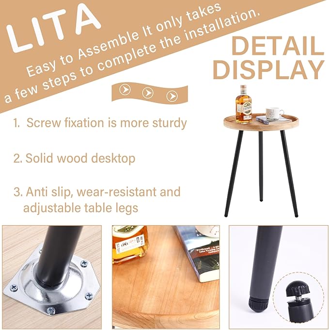 LITA Log Desktop Round Side End Table, Indoor Outdoor Wooden Tray Nightstand - Image 3