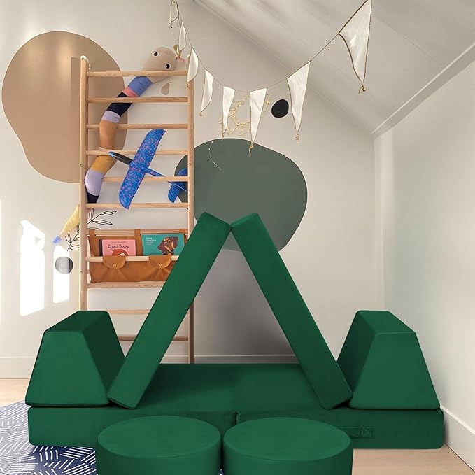 MeMoreCool 8-Piece Modular Kids Play Couch – Green Convertible Foam Toddler Sofa - Image 2