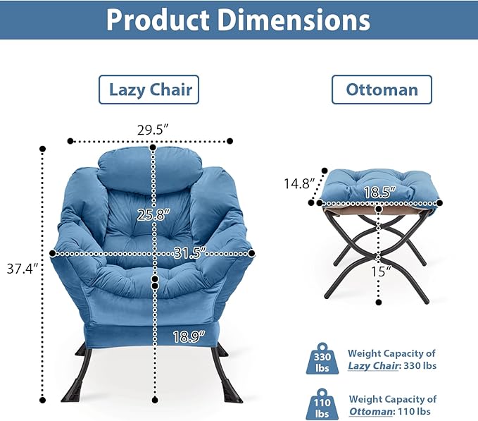 Lazy Chair with Folding Ottoman, Accent Chair Velvet Upholstered with Metal - Image 3