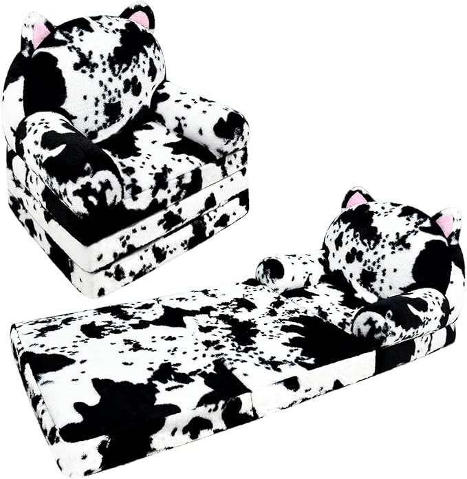 Toddler Chair with Faux Rabbit Fur – 2-in-1 Foldable Kids Couch, Soft Sofa by QIUODO