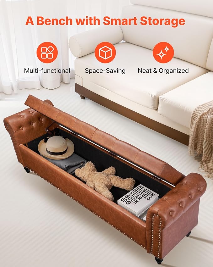 VEVOR Button-Tufted Storage Ottoman Bench, Rolled Arm PU Leather Bench - Image 5