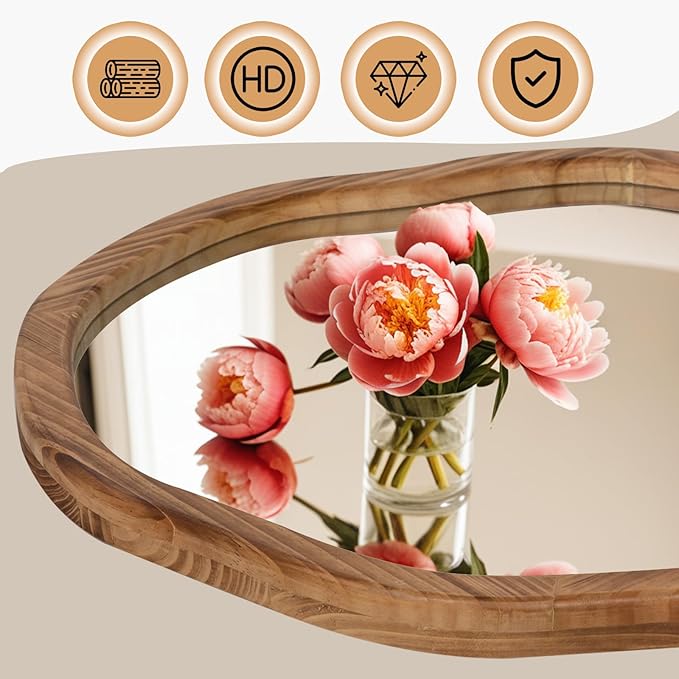 ULIKE Round Wood Mirror 24 Inch Circle Wall Mirror, Asymmetrical Bathroom - Image 5