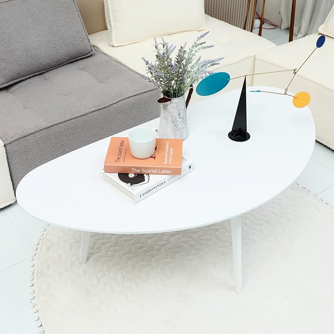 FIRMINANA Mid Century Modern Coffee Table, Large Oval White Coffee Table - Image 4