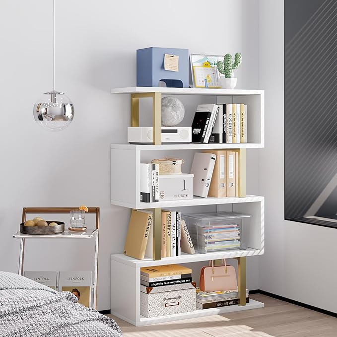 SORCEDAS Bookshelf Geometric Bookcase S Shaped Industrial Bookshelf Storage - Image 4