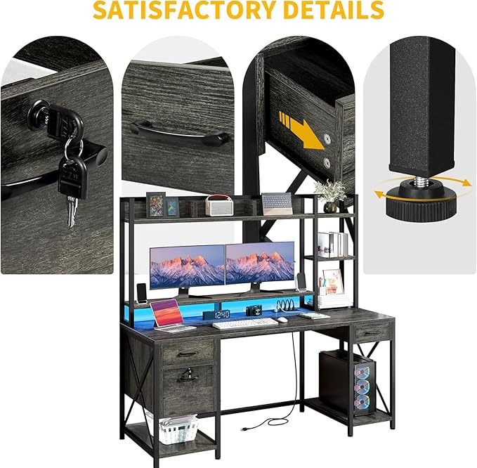 DWVO Computer Desk with Drawers & Hutch, 59.1" Office Desk with Power Outlets & - Image 8