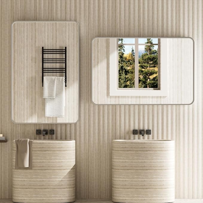 Brushed Nickel Bathroom Mirror 20x30 Inch, Brushed Silver Metal Frame Mirror - Image 3