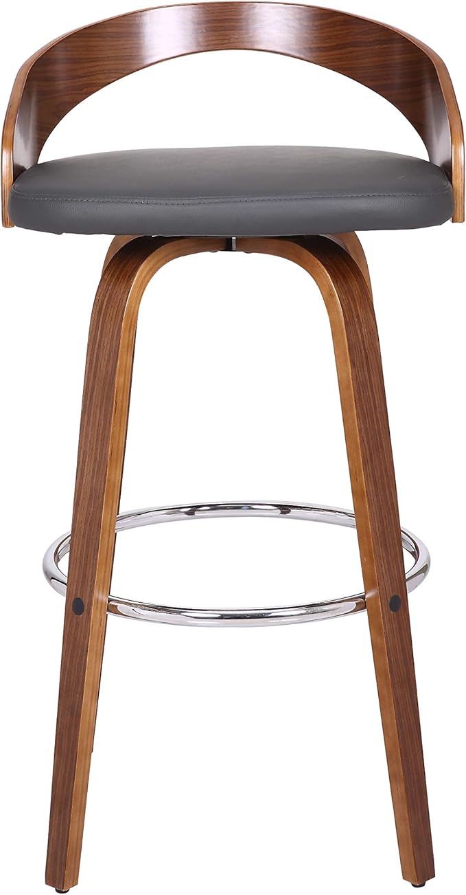 Armen Living Sonia 30" Bar Height Swivel Gray Faux Leather and Walnut Wood Bar - Image 6